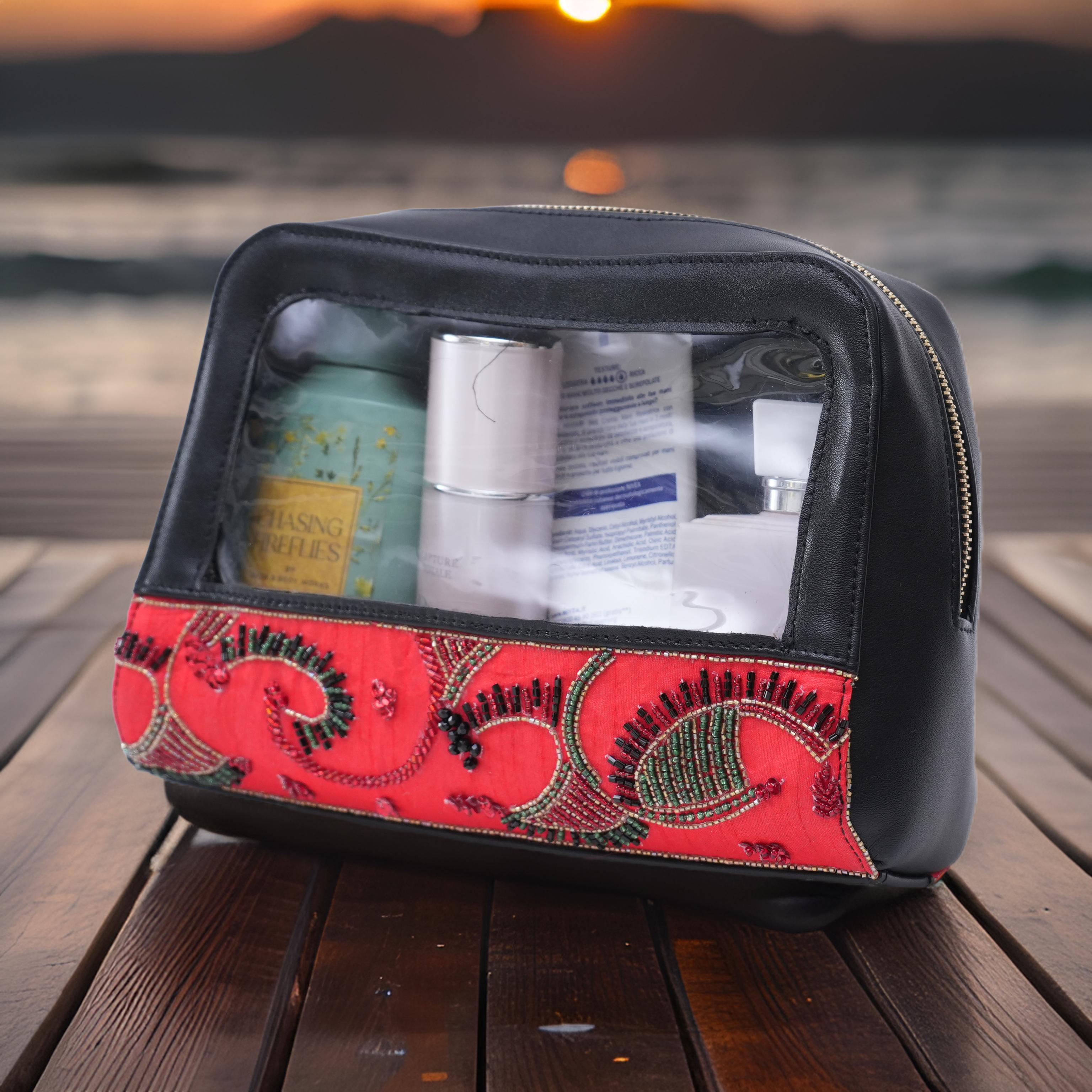 Black pu with Red embroidered make-up pouch