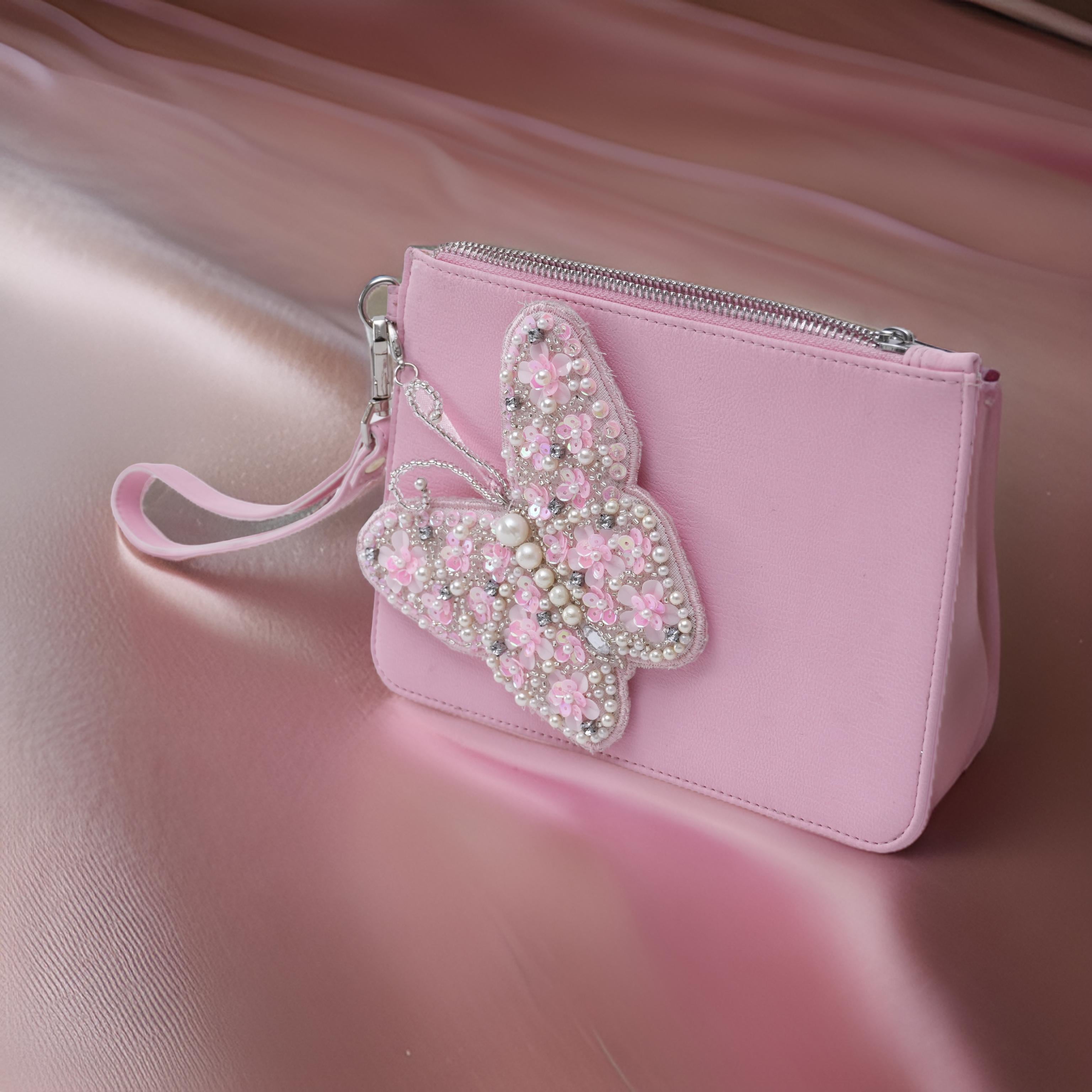 Pink embroidered clutch Bag