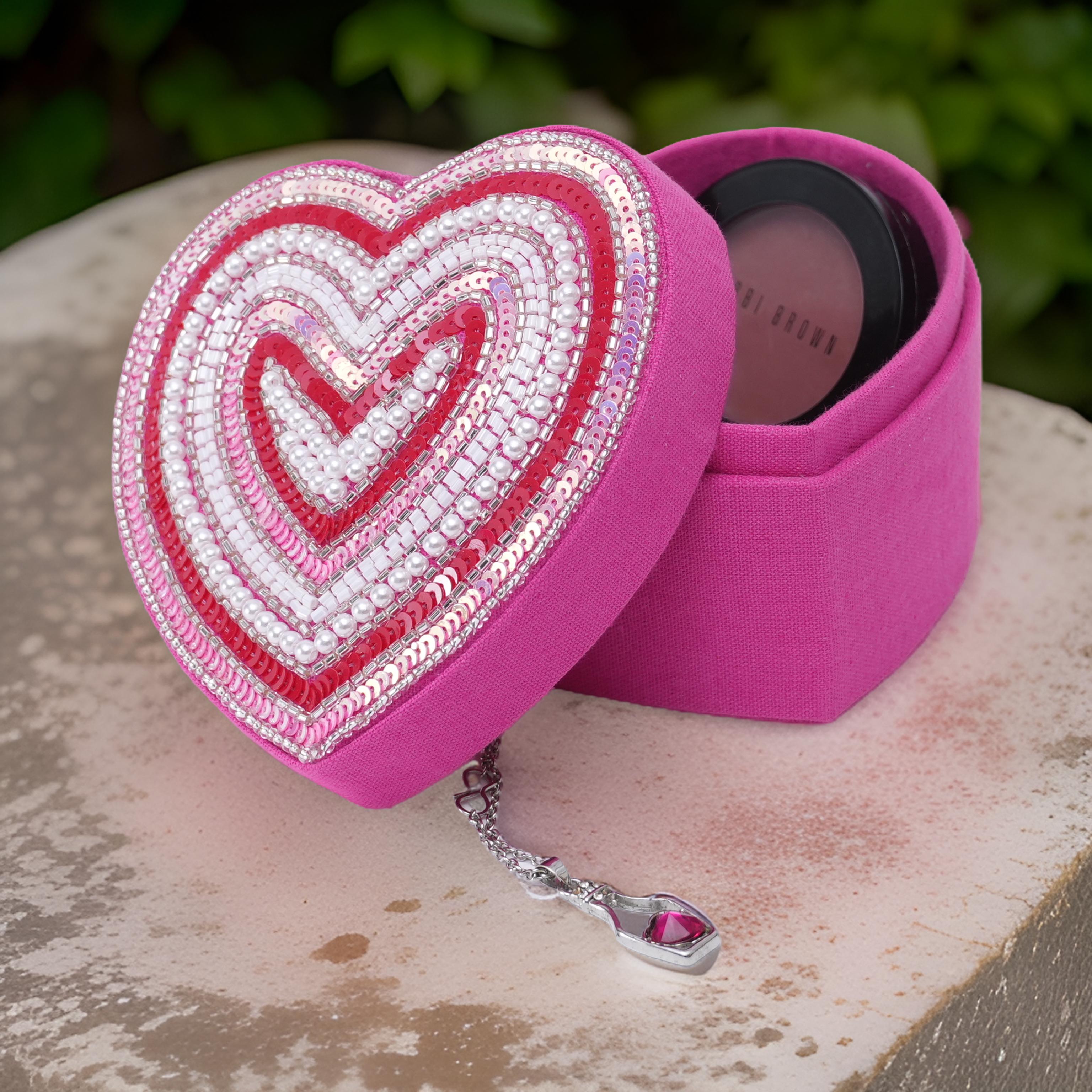  Dark Pink Hand embroidered  Silk Heart Box for Valentine's Day 