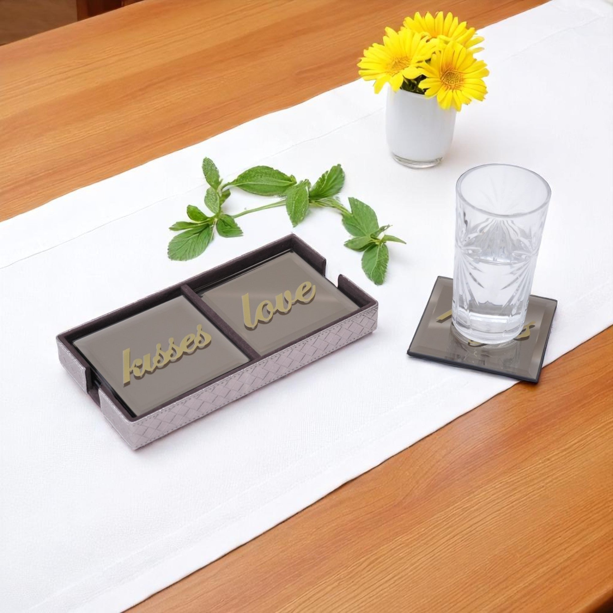 Designer Brown Glass Coaster with Caddy Tray Set of 8