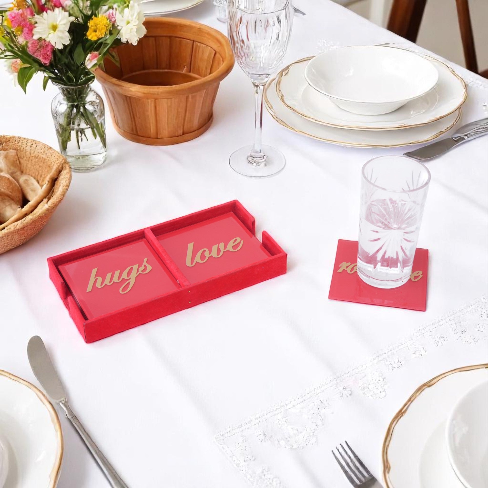 Red Colored Glass Coaster Set of Eight