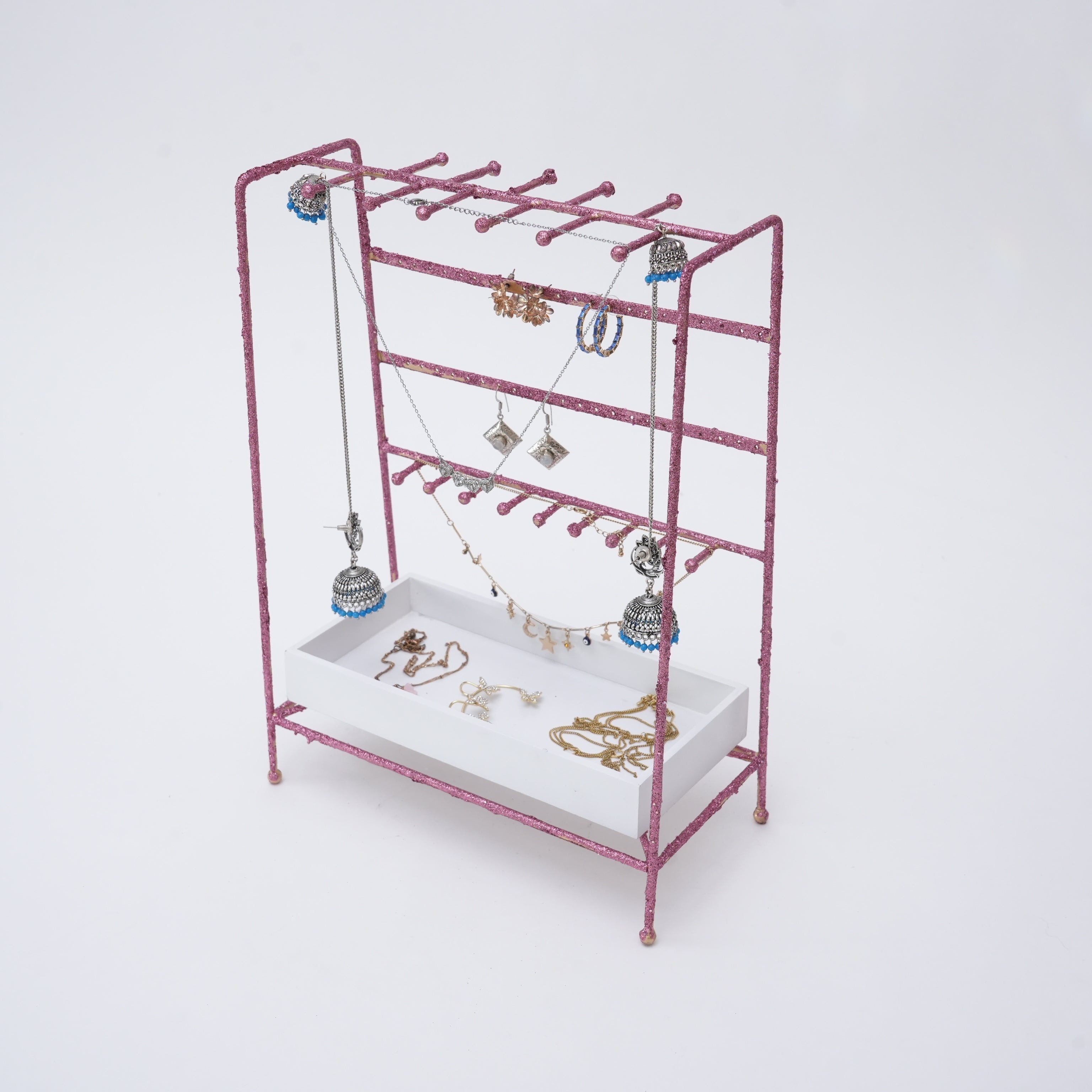 Pink Glitter Jewellery Stand with White Tray for Valentine's Day