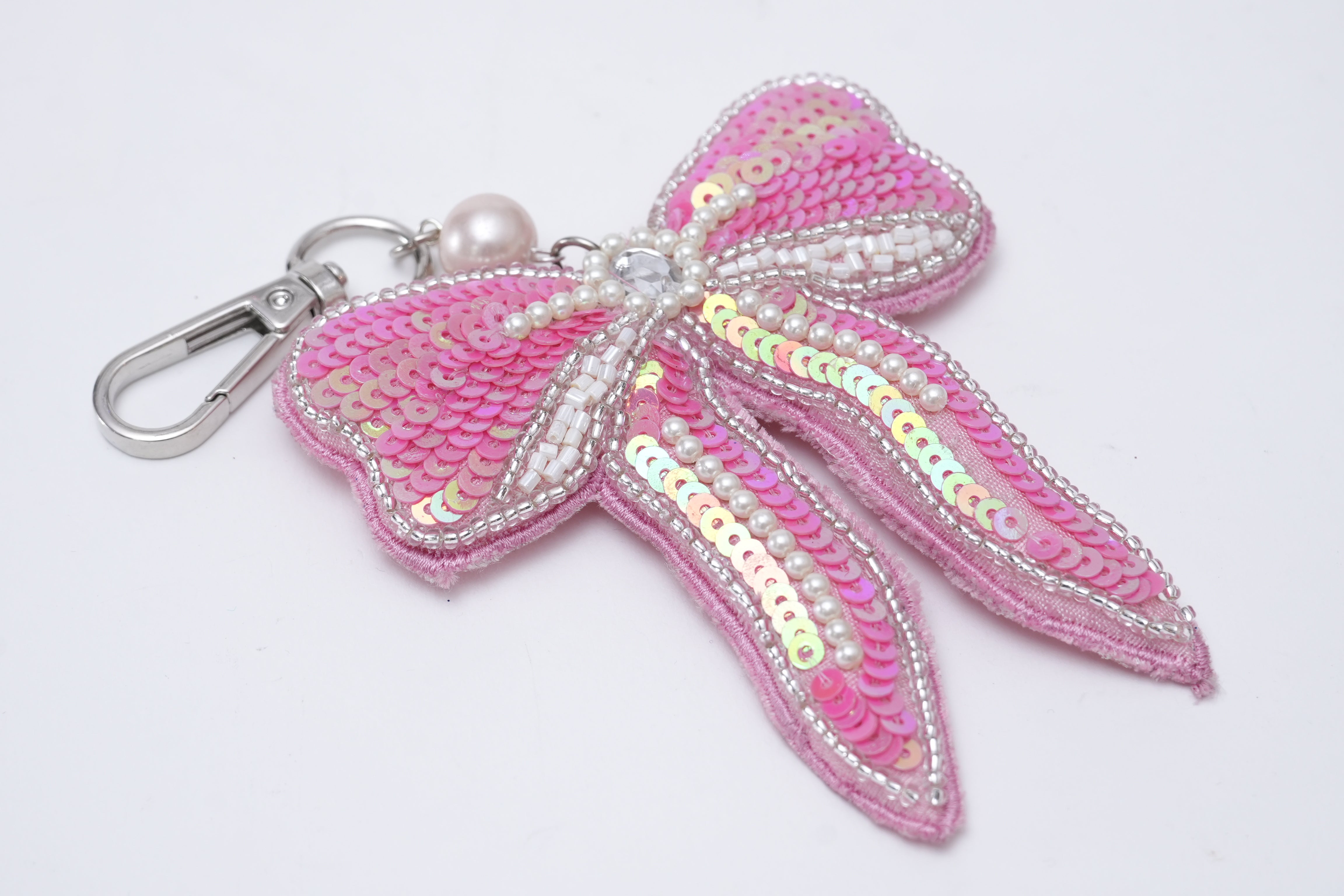 Pink Bow Hand Embroidered Bag Charm for Valentine's Day