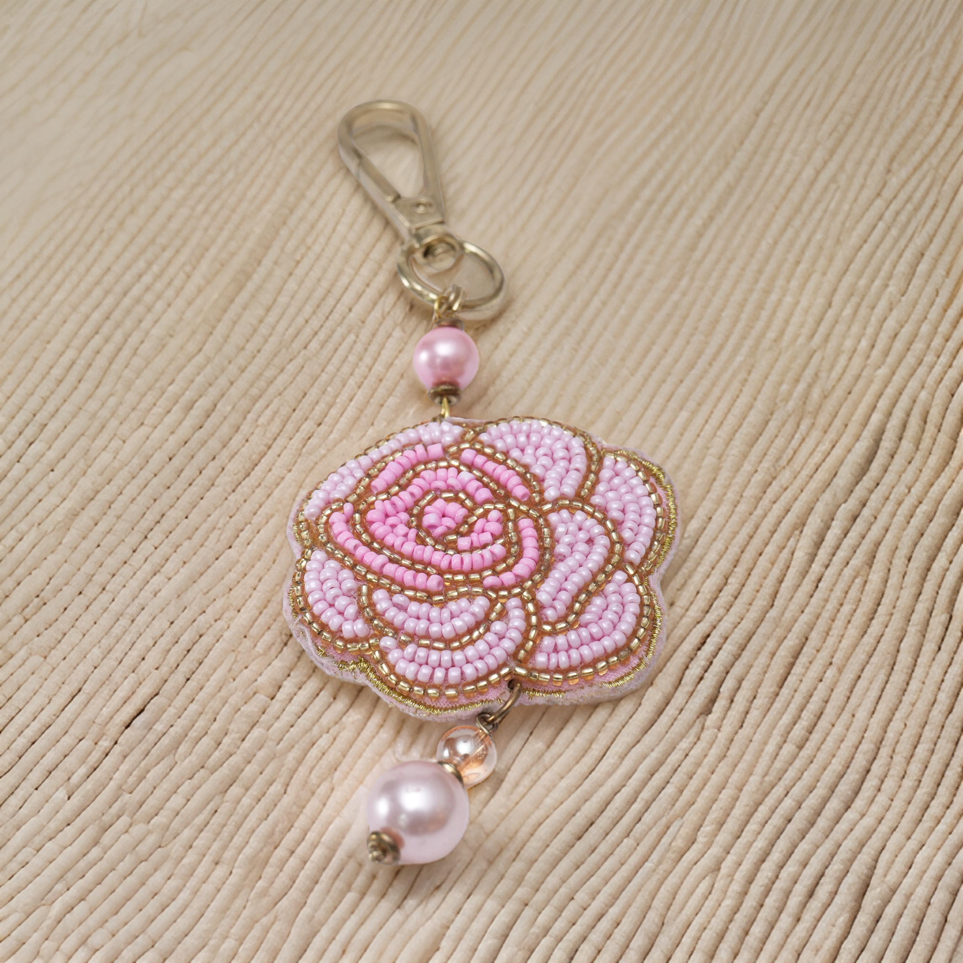  Pink Beaded Hand Embroidered Bag Charm for Valentine's Day 