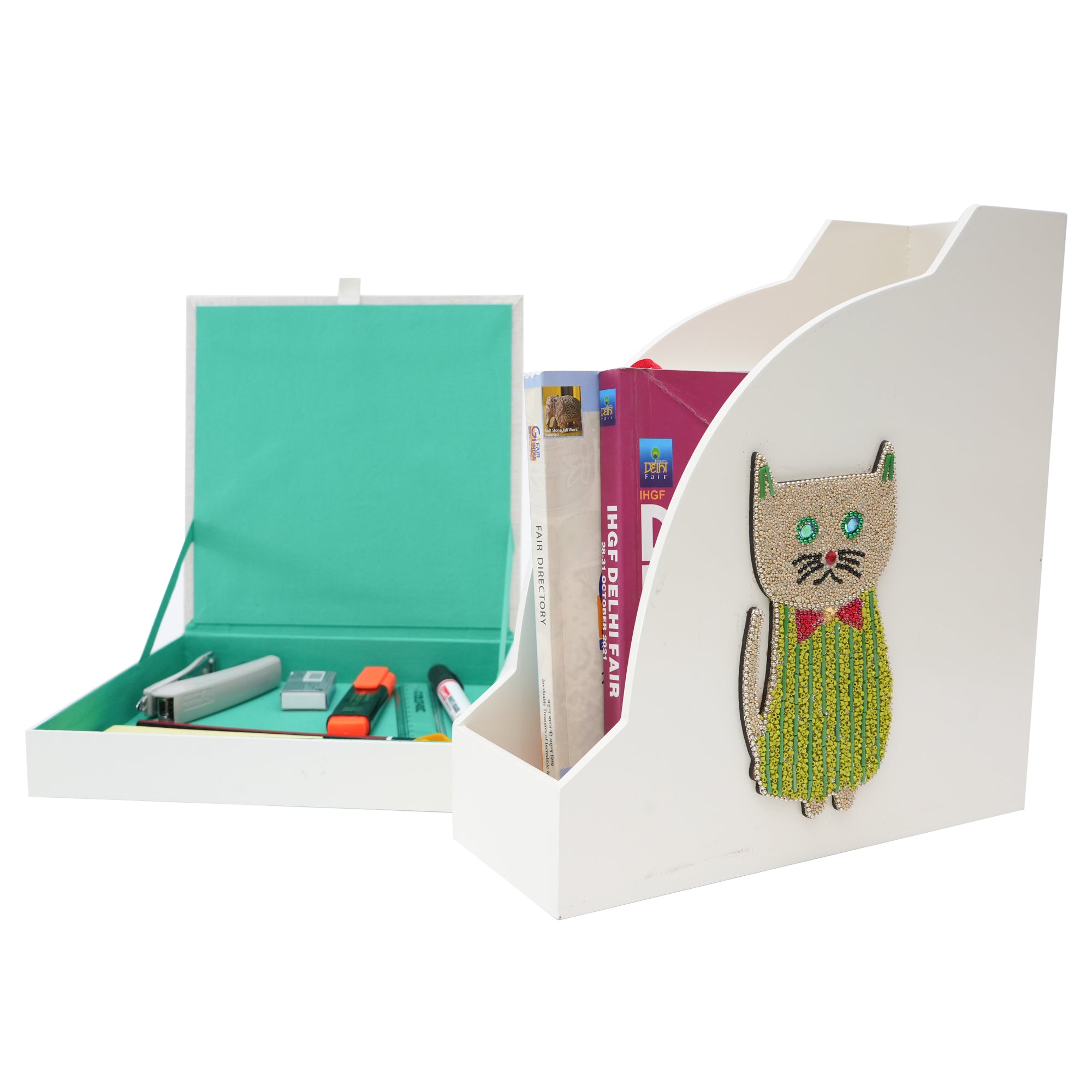 Cat Designed Magazine Holder & Stationery Organizer (Set of 2)