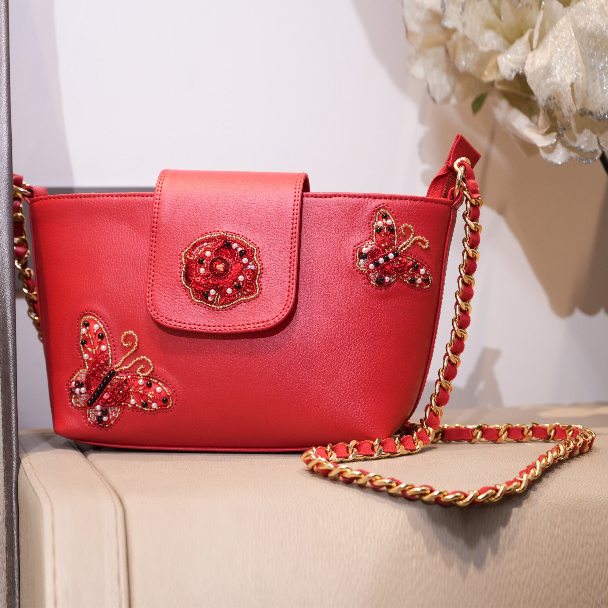 Butterfly Beaded Red Sling Bag