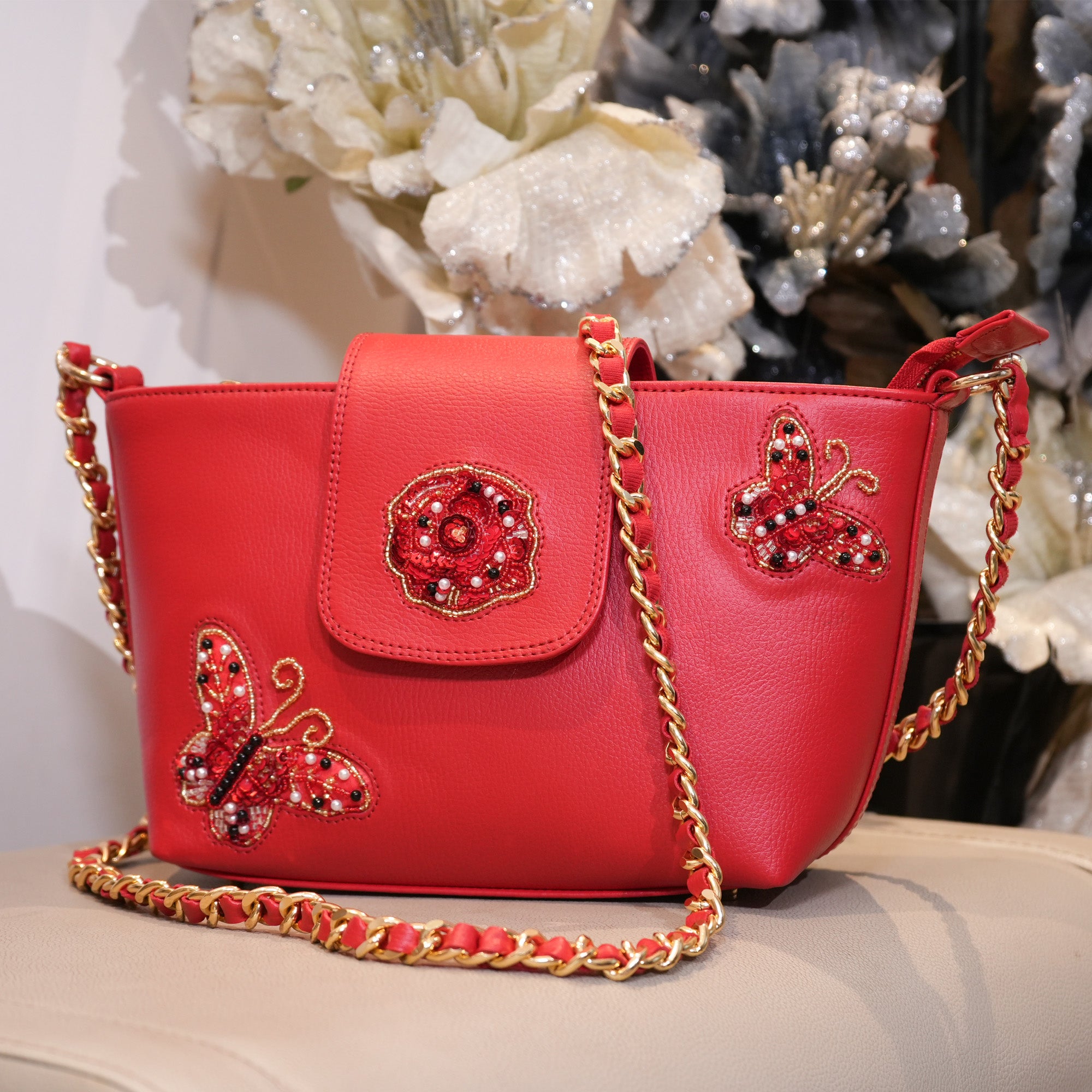 Butterfly Beaded Red Sling Bag