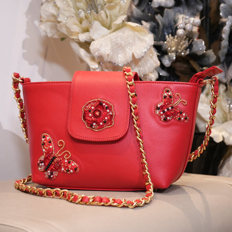 Butterfly Beaded Red Sling Bag