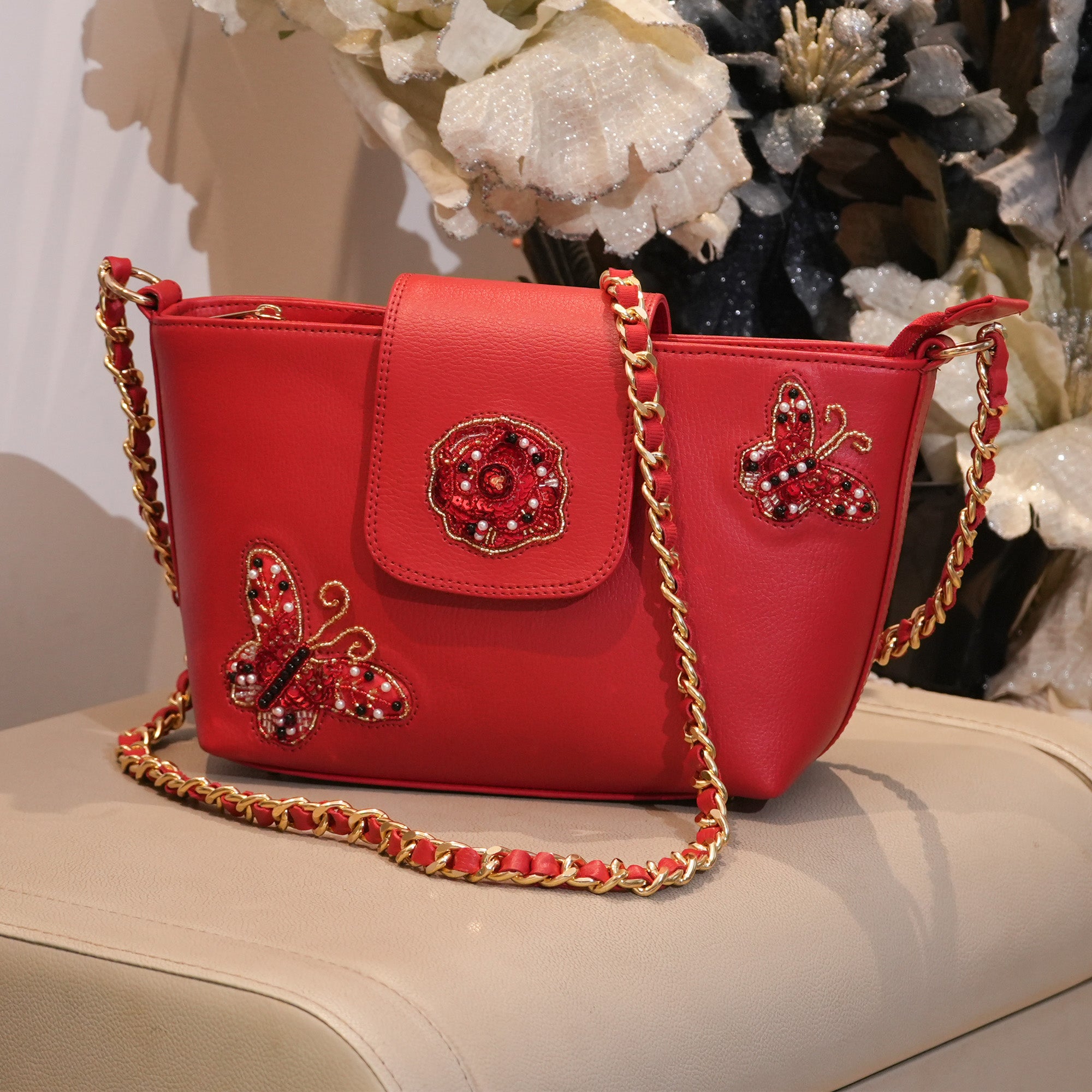 Butterfly Beaded Red Sling Bag