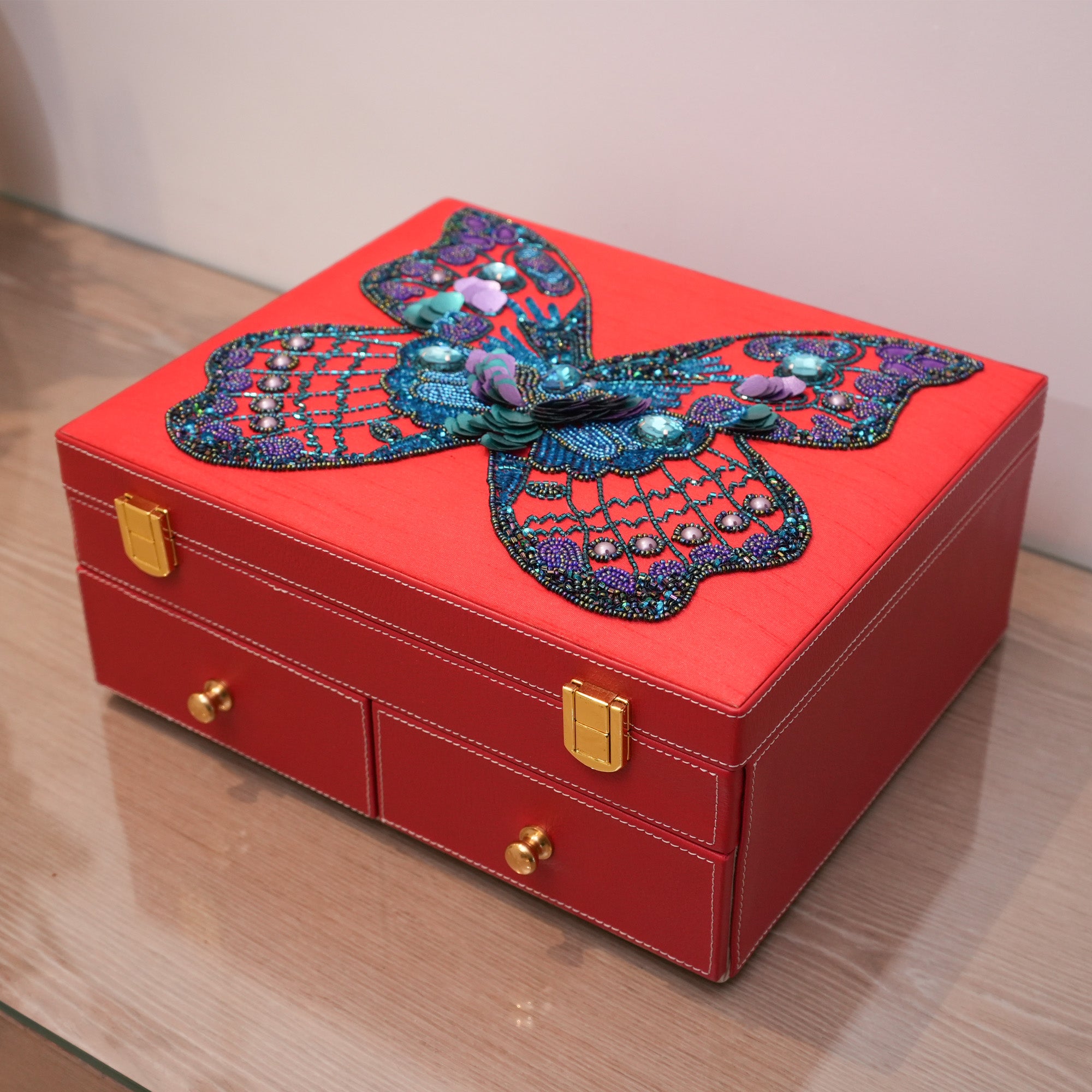  Embroidered Butterfly Jewellery Box With Mirror 