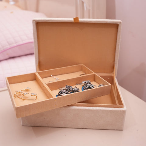 Crown Embroidered Velvet Beige Jewelry Box