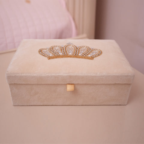 Crown Embroidered Velvet Beige Jewelry Box