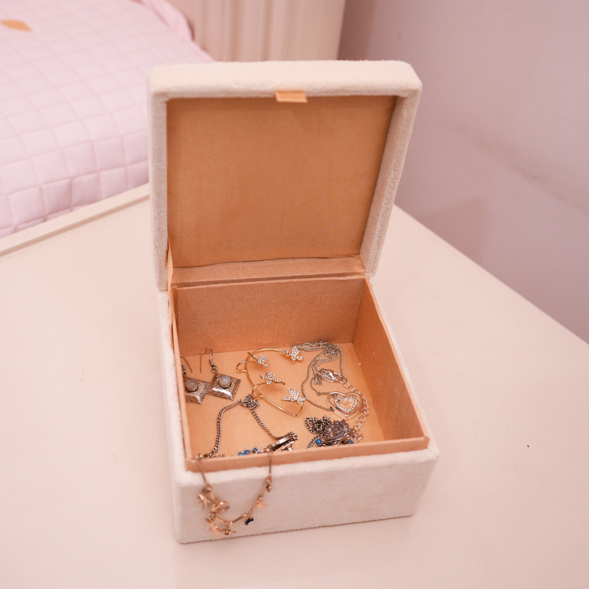 Crown Embroidered Velvet Beige Jewellery Box