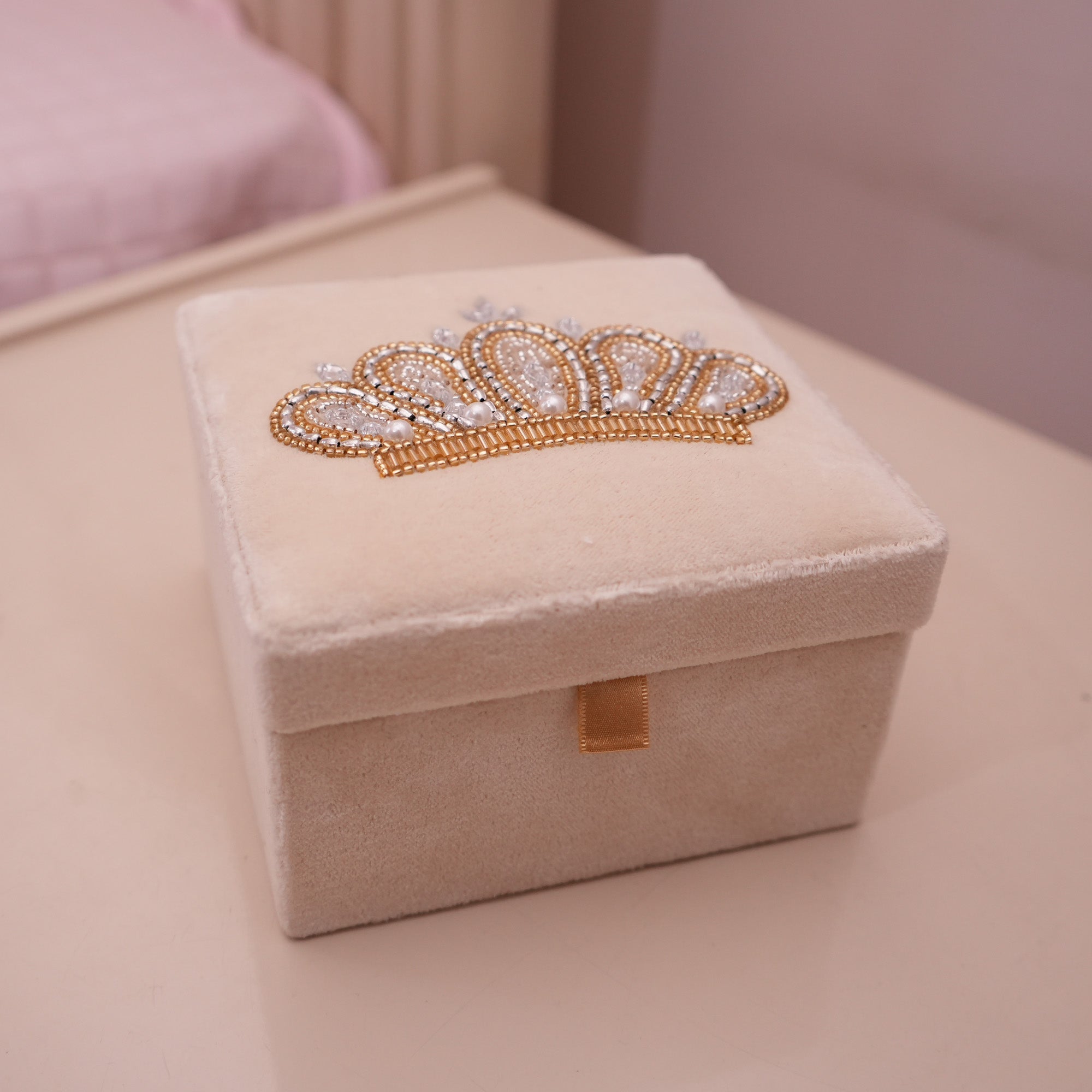 Crown Embroidered Velvet Beige Jewellery Box