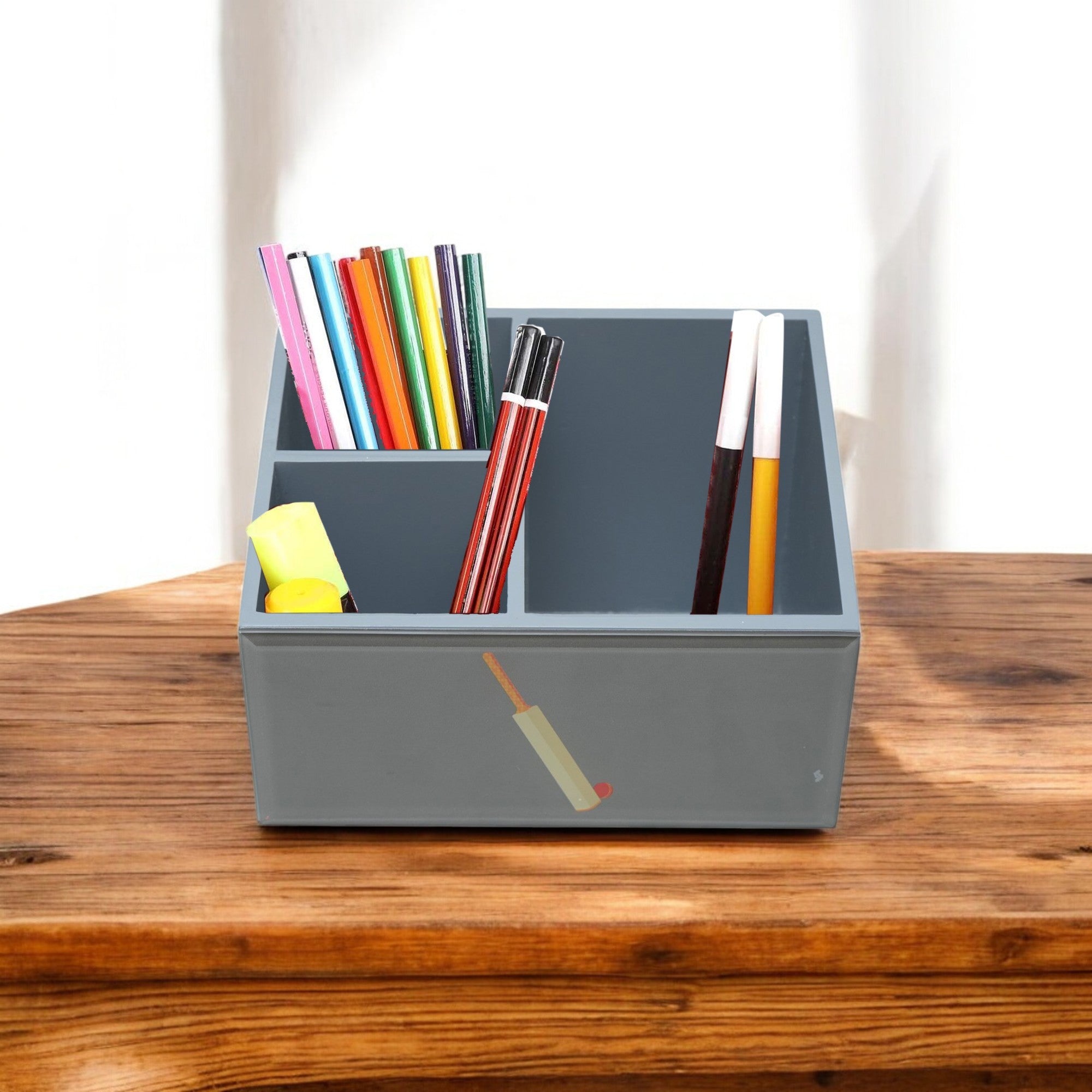 Premium Glass Stationery Desk Organizer with  Cricket Bat Design