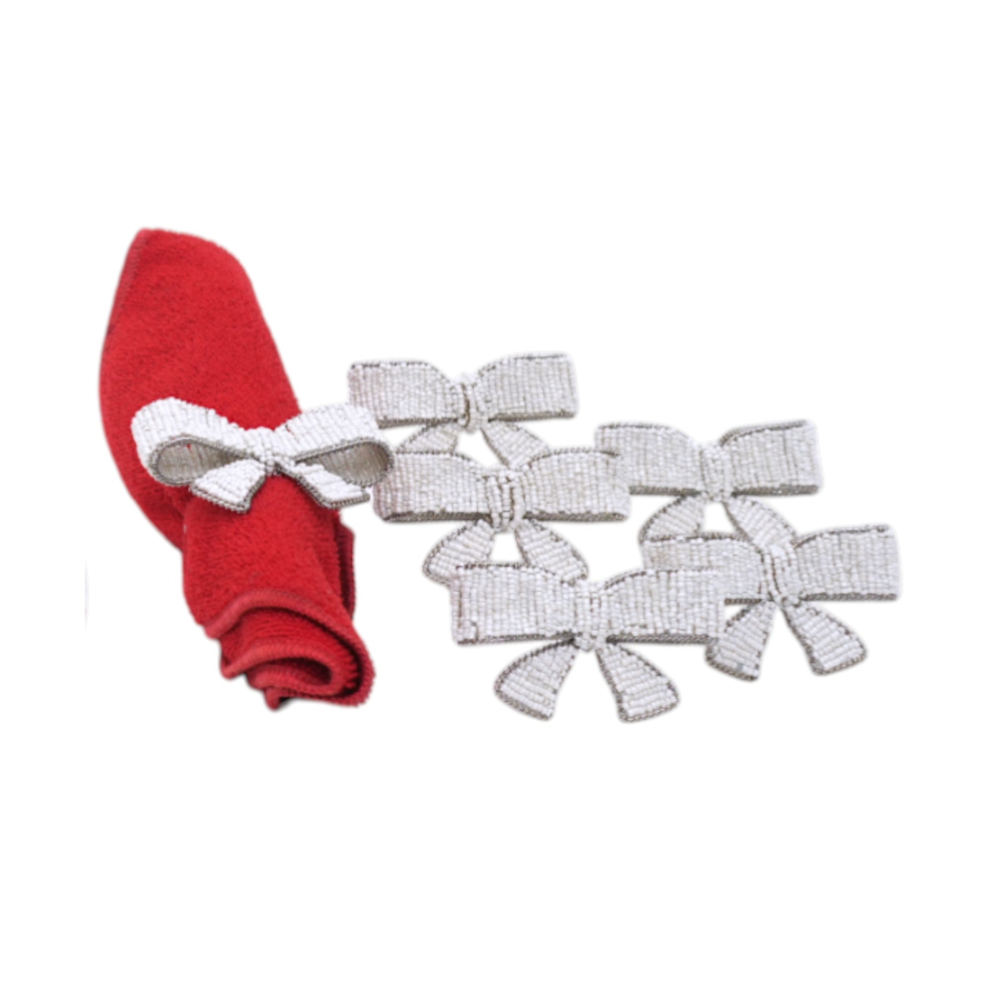 Bow shape white Beaded Napkin Ring Set of Six