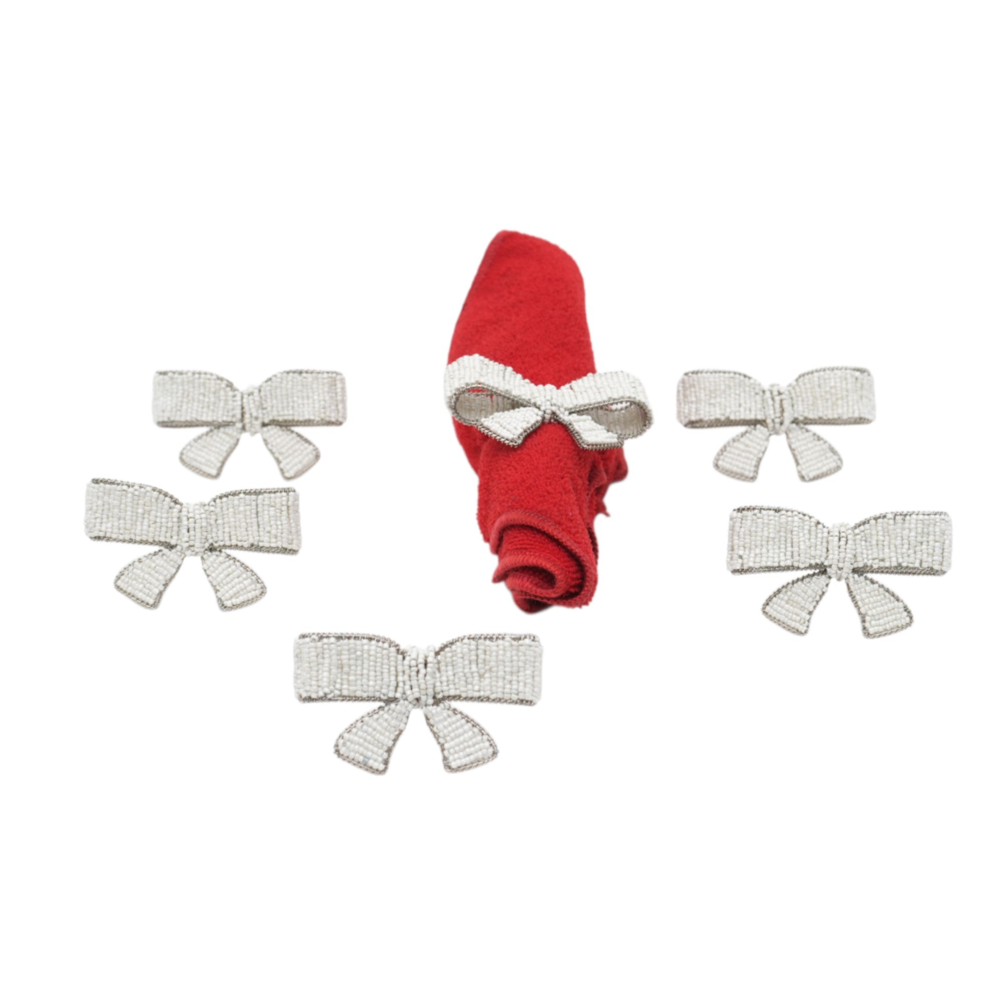 Bow shape white Beaded Napkin Ring Set of Six