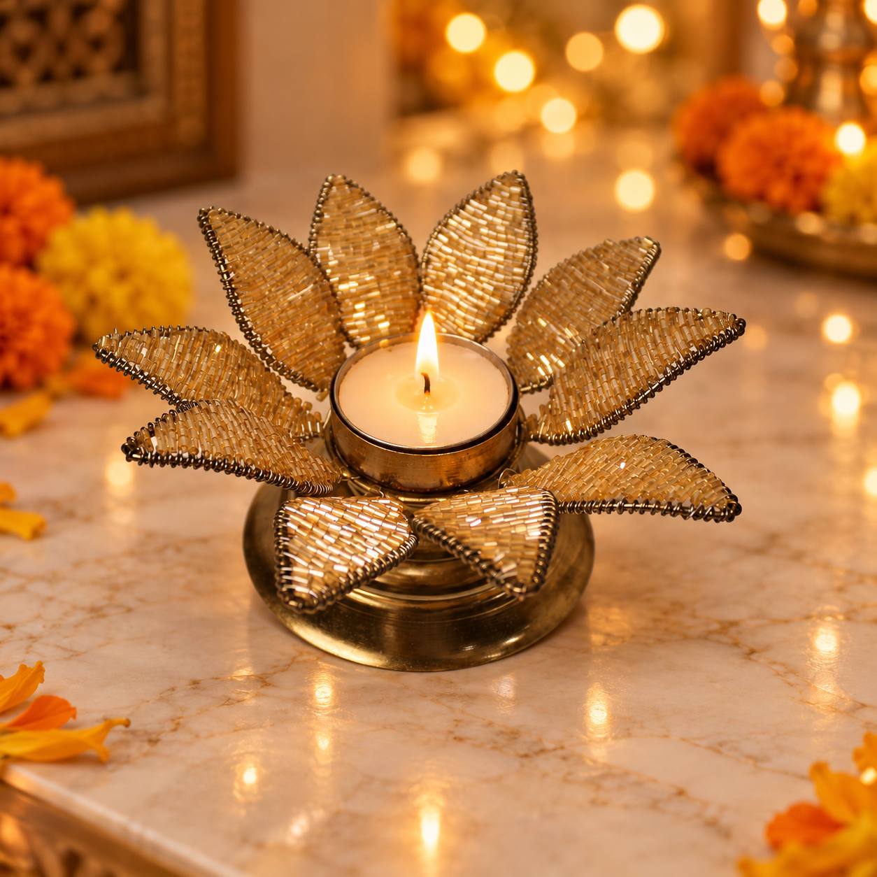 Golden Beaded Lotus Tealight Candle Holder