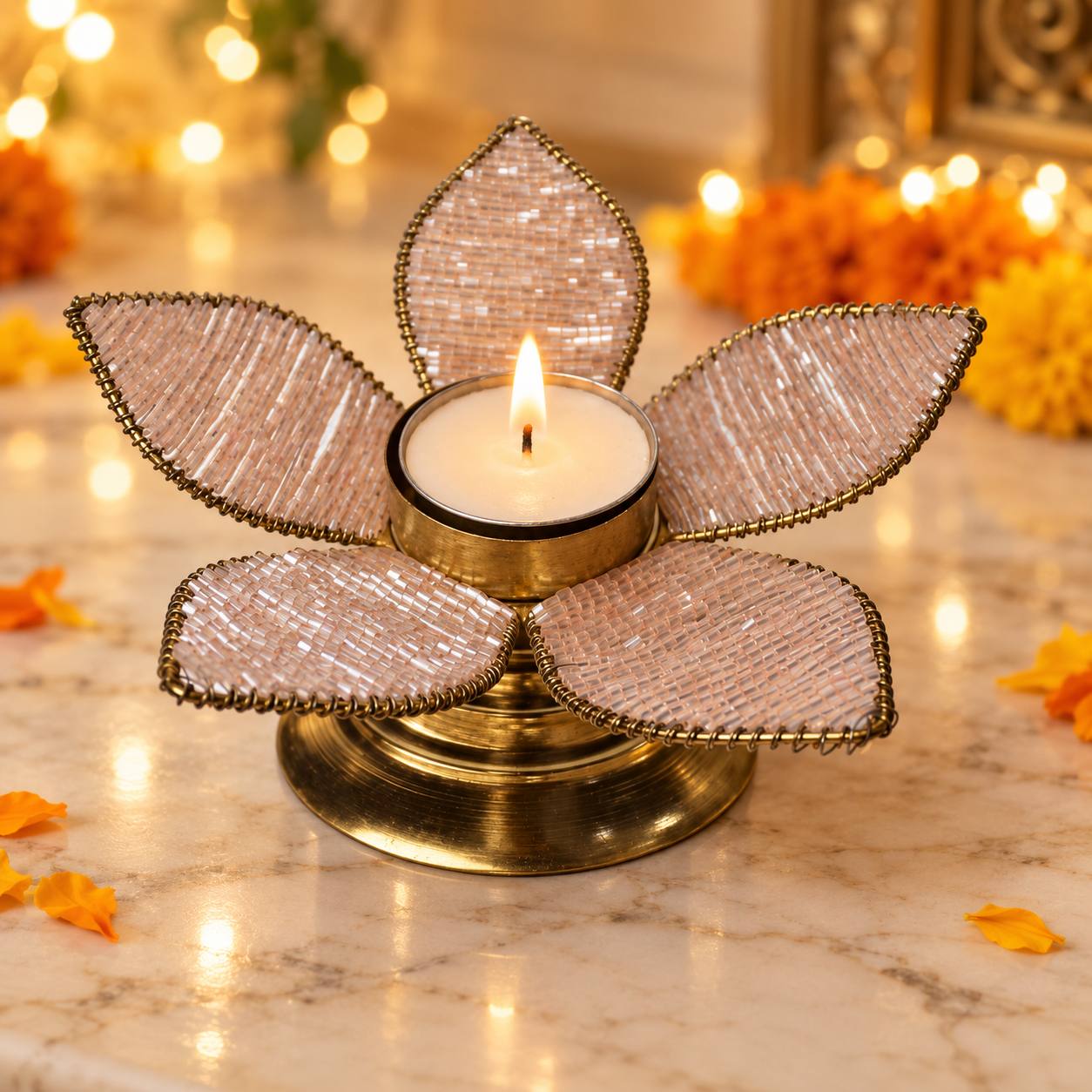 Handcrafted Blush Beaded Lotus Tealight Holder