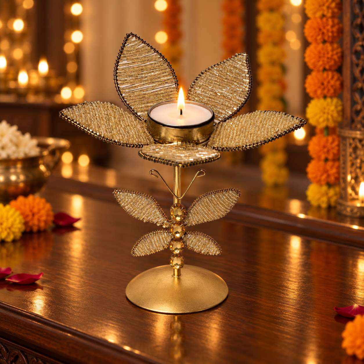 Handmade Champagne Gold Butterfly Tealight Candle Holder – Beaded Flower Centerpiece