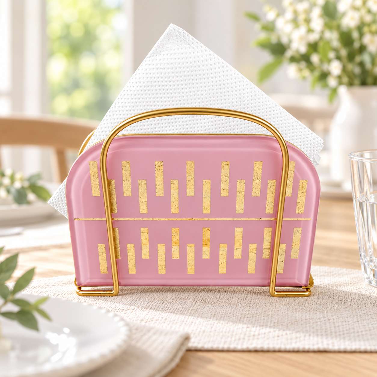 Elegant Pink & Gold Metal Tissue Holder – Decorative Napkin Stand for Dining Table
