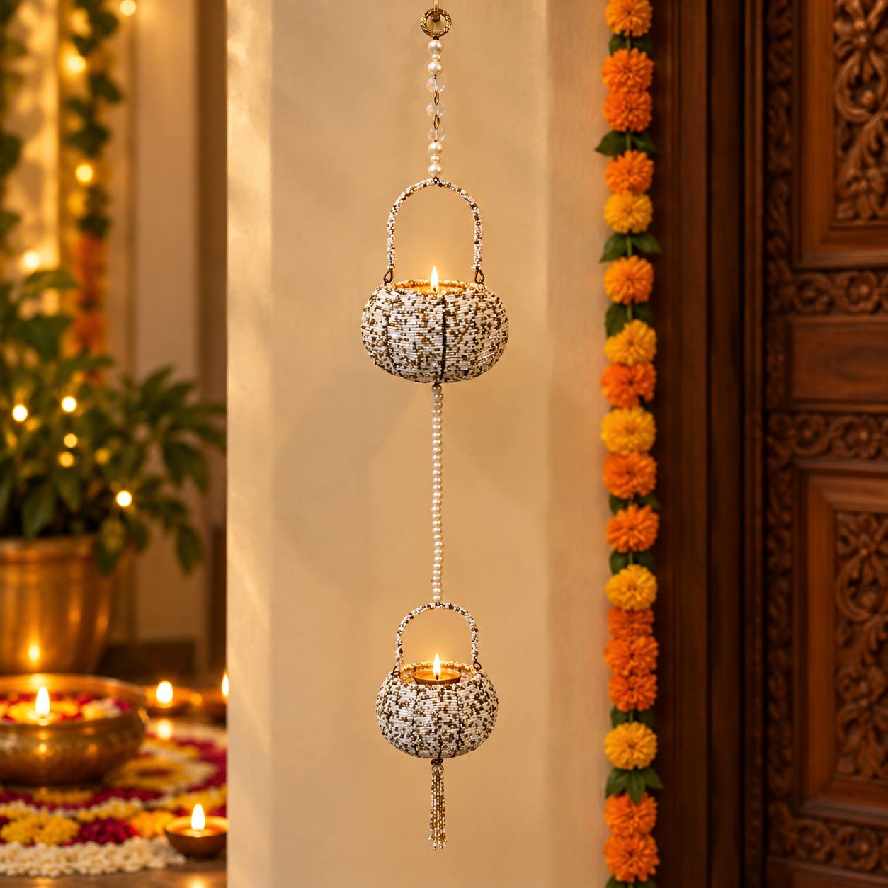 Two-Tier Blush White Beaded Hanging Diya Tealight Holder