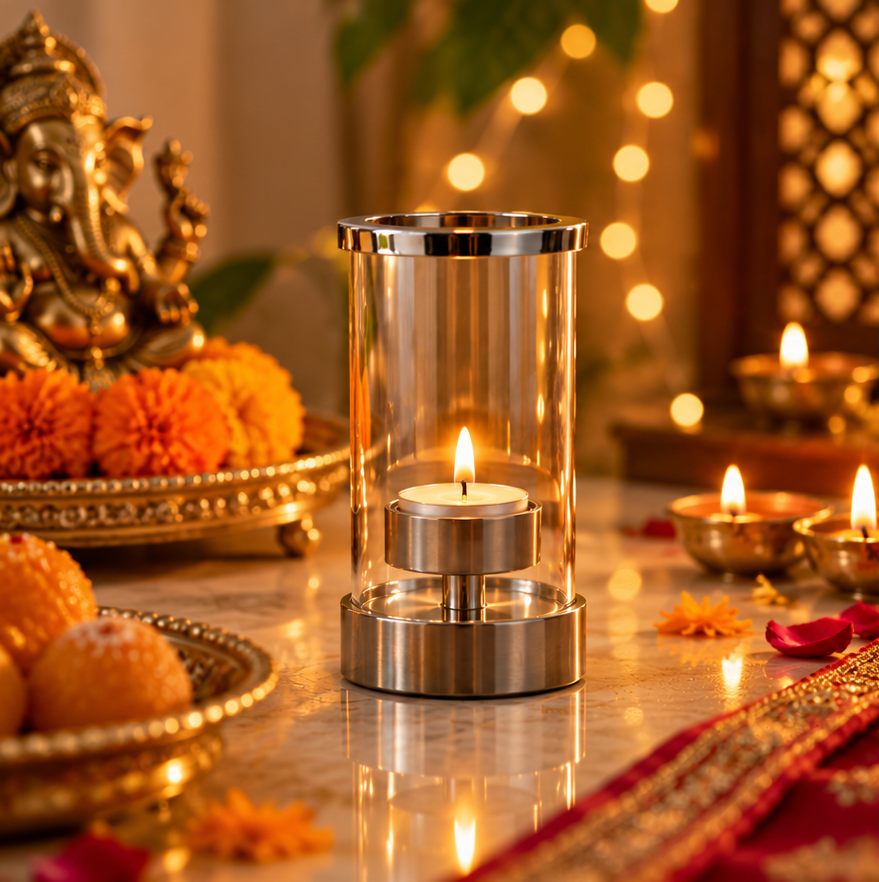 Elegant Stainless Steel & Glass Tealight Candle Holder for Diwali Decor