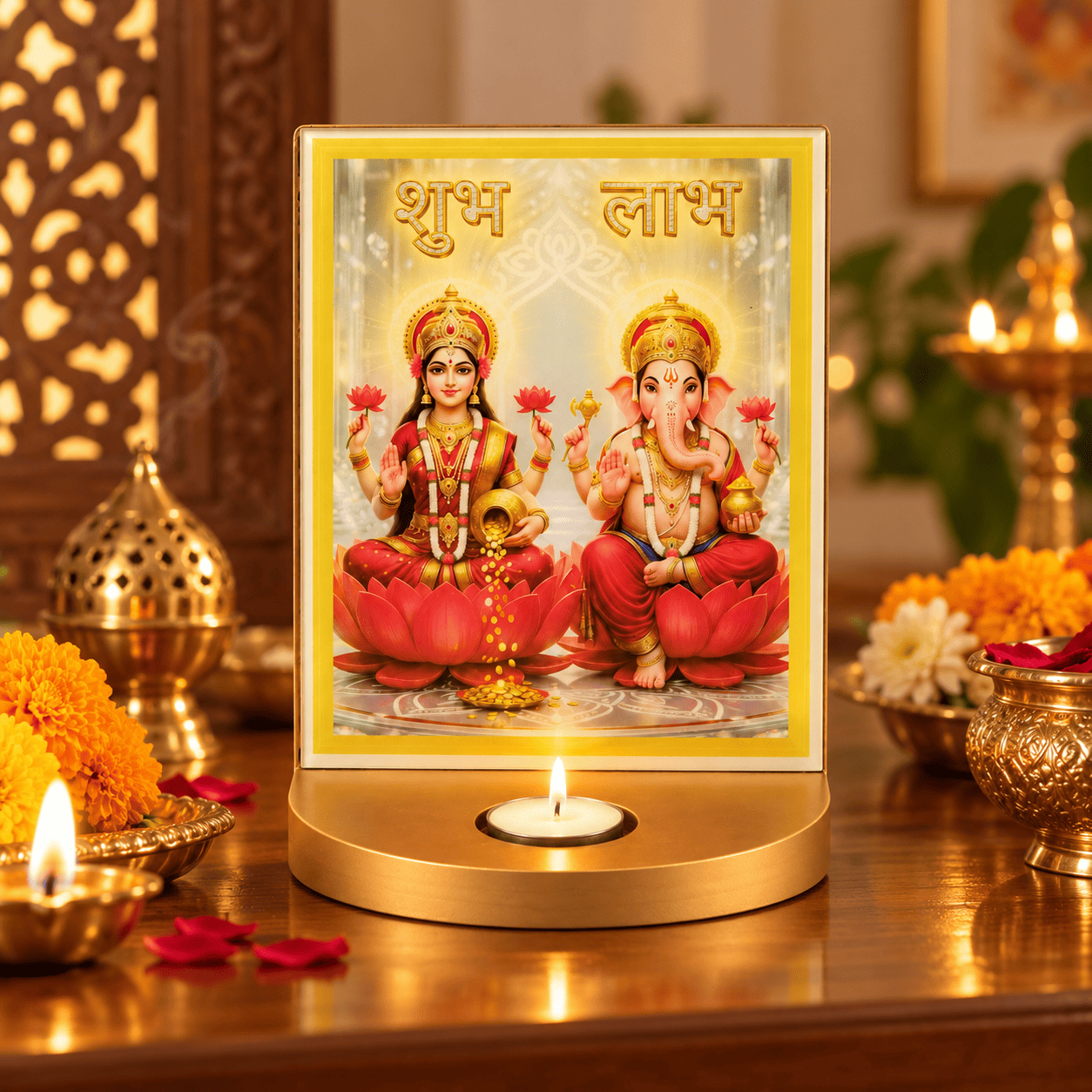 Shubh Labh Laxmi Ganesh Table Decor with Tealight Holder