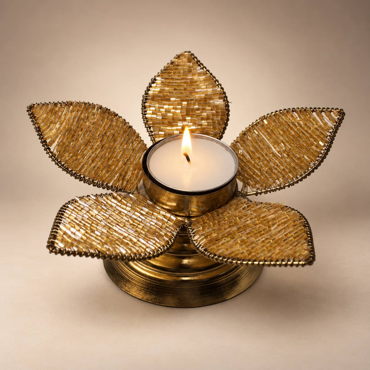Handcrafted Golden Beaded Lotus Tealight Holder