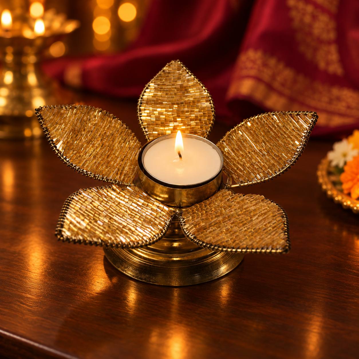 Handcrafted Golden Beaded Lotus Tealight Holder