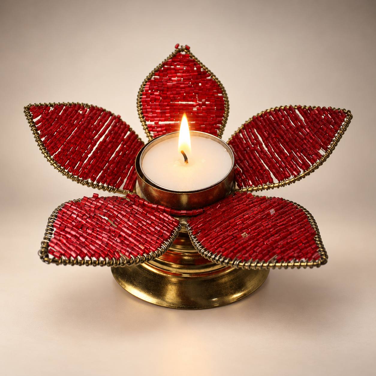 Red Beaded Flower Tealight Candle Holder with Brass Base