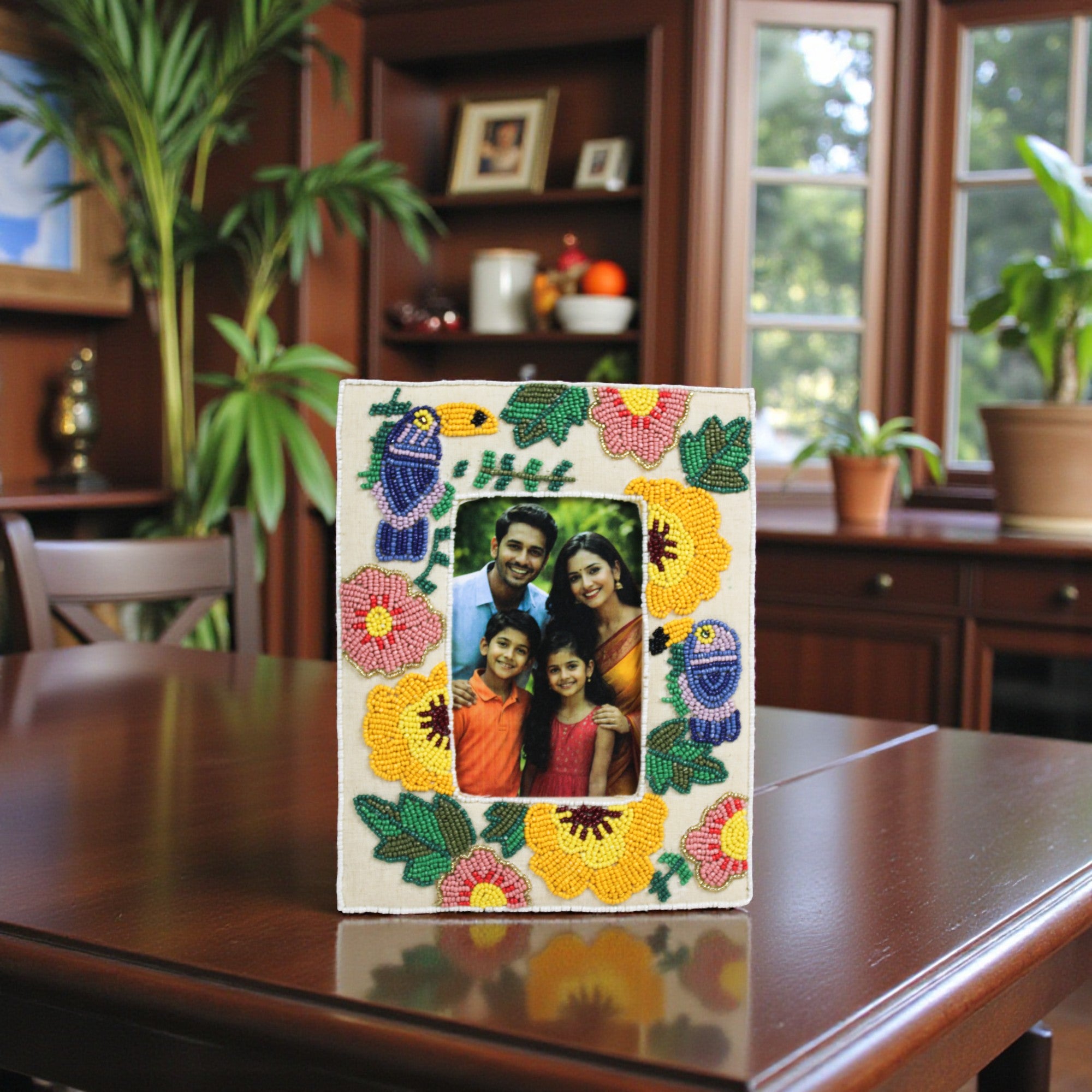 Hand-Beaded Tropical Toucan & Floral Photo Frame