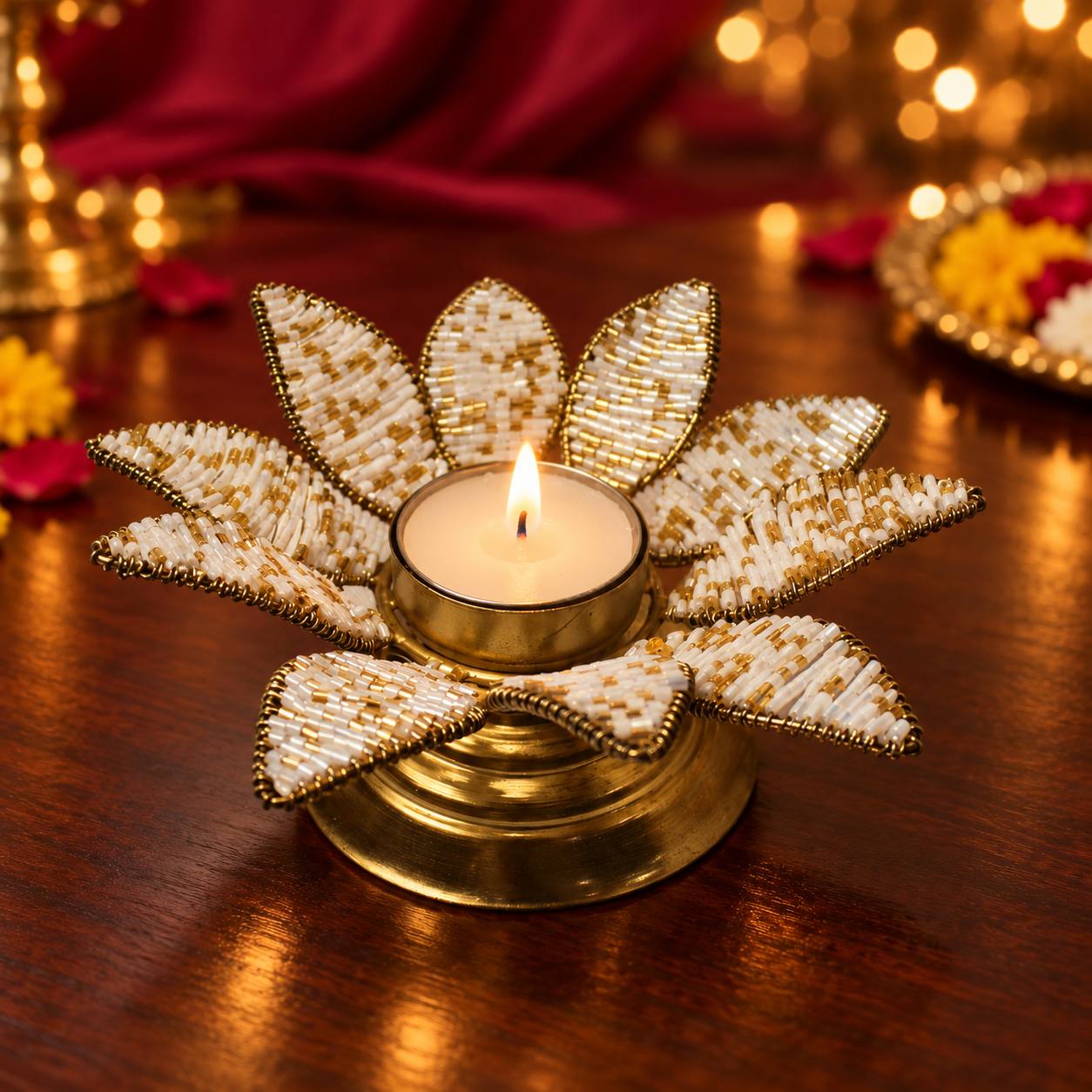 Handcrafted White & Gold Beaded Lotus Tealight Holder
