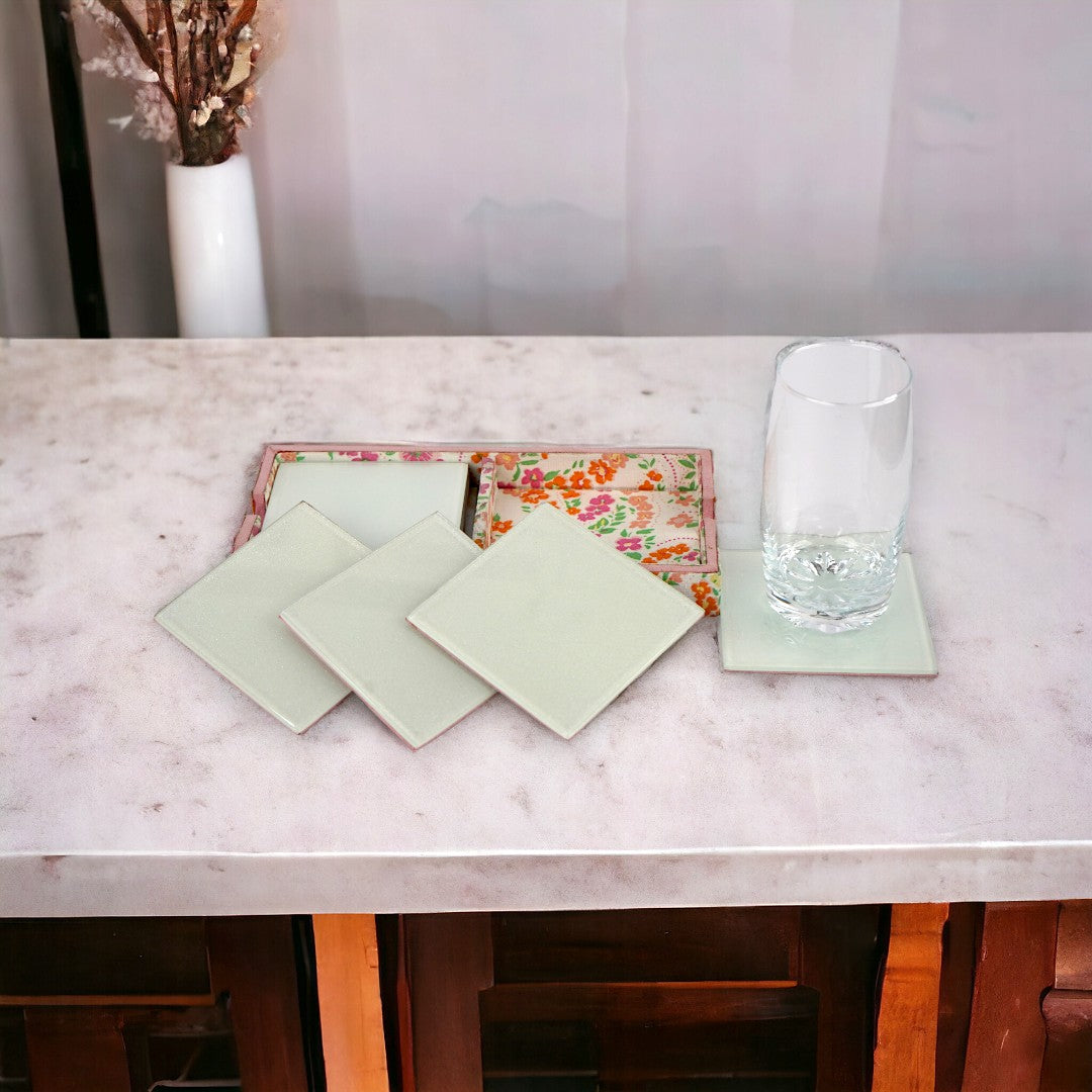 Glass & Printed Fabric Coaster Set of Eight with Caddy