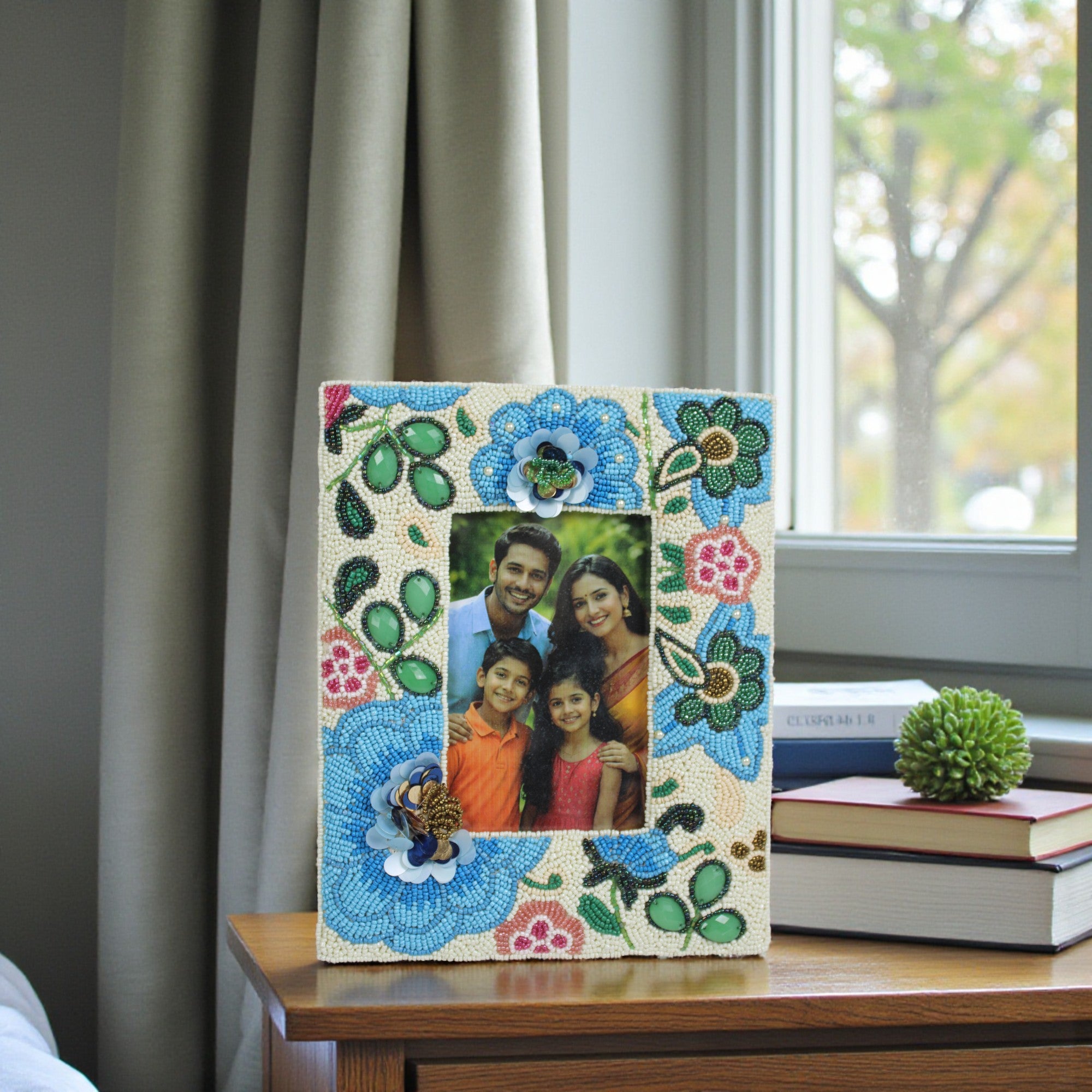 Hand-Beaded Cerulean Floral Photo Frame