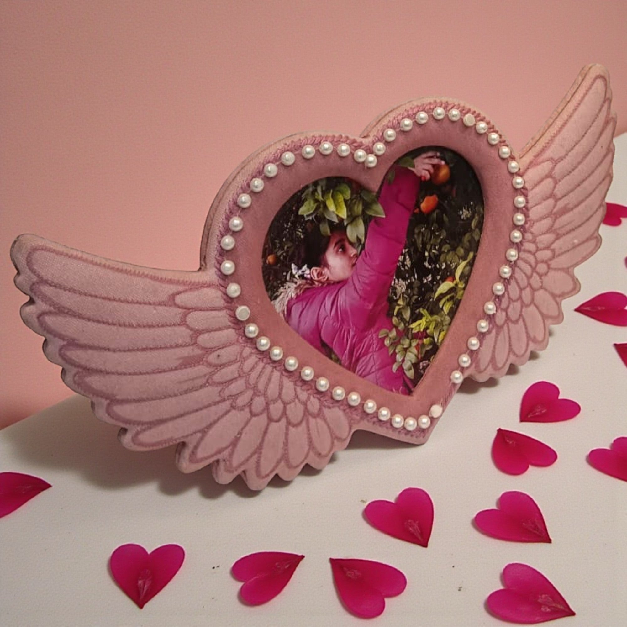 "Angelic Heart" Winged Photo Frame with Pearl Embellishments for Valentine