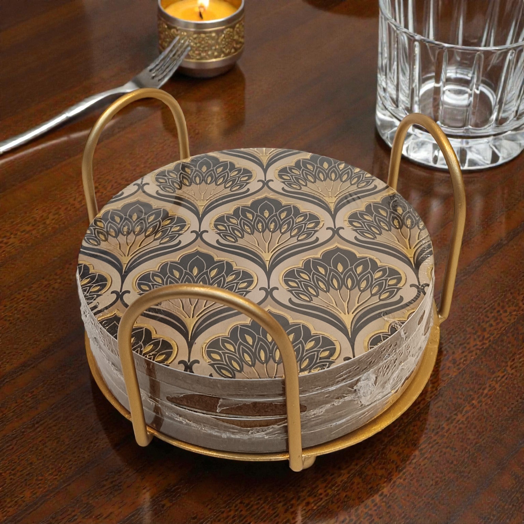 Designer Resin Coaster Set of Four With Metal Stand