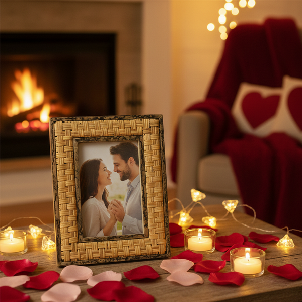 Decorative setup with a framed photo of a couple, candles, and rose petals on a table in a cozy room.