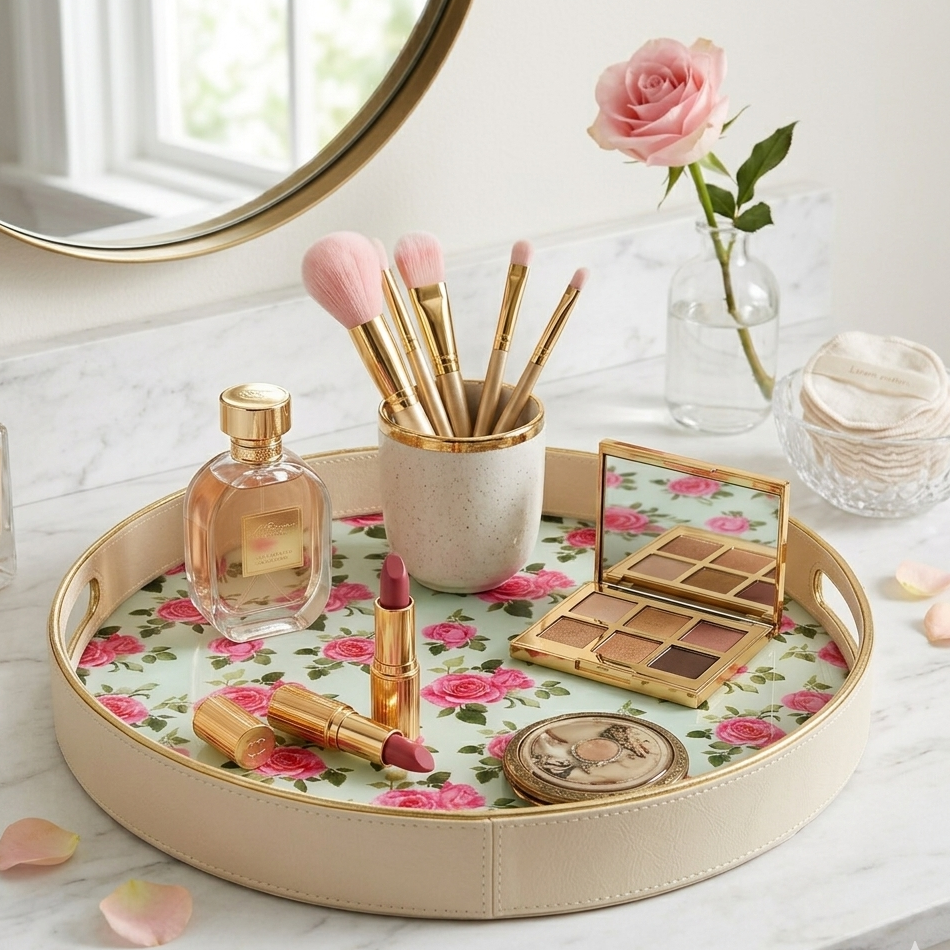  Makeup set on a decorative tray with floral pattern, including brushes, lip products, and perfume. 