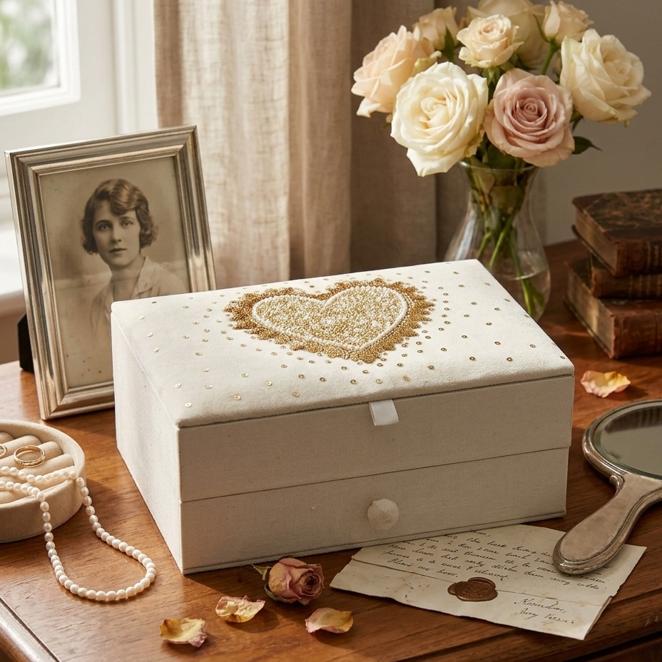  Decorative jewelry box with heart design on a wooden surface with flowers and vintage items. 