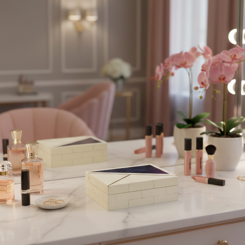 Geometric Azure & Alabaster Inlay Keepsake Box