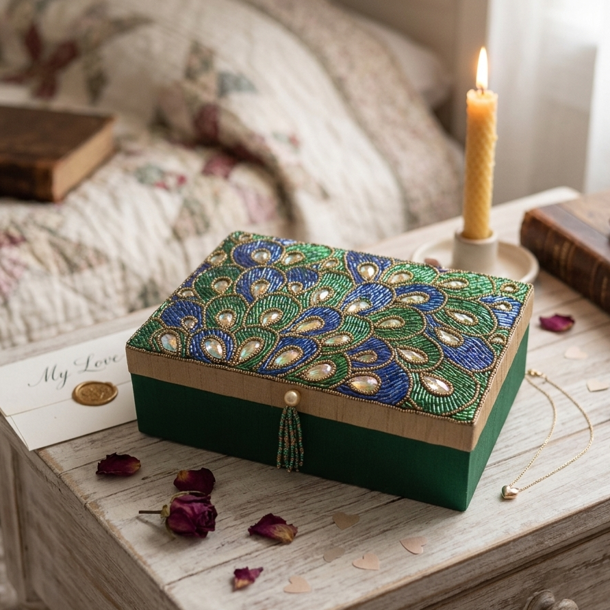 Handcrafted Peacock Beaded Treasure Box