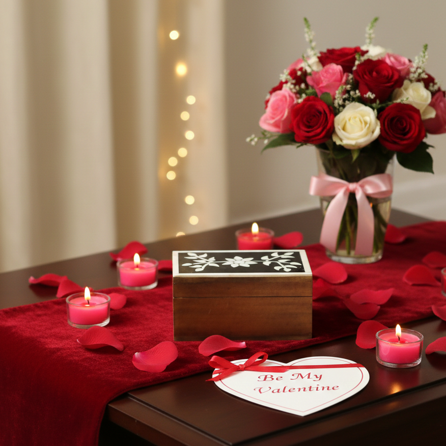  Valentine's Day table setting with flowers, candles, and a heart-shaped card. 