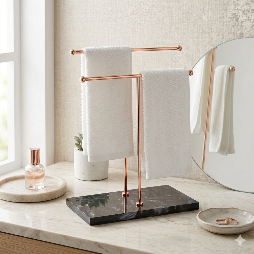  Elegant Premium Luxury Double Towel Stand with Rose Gold finish & White Base 