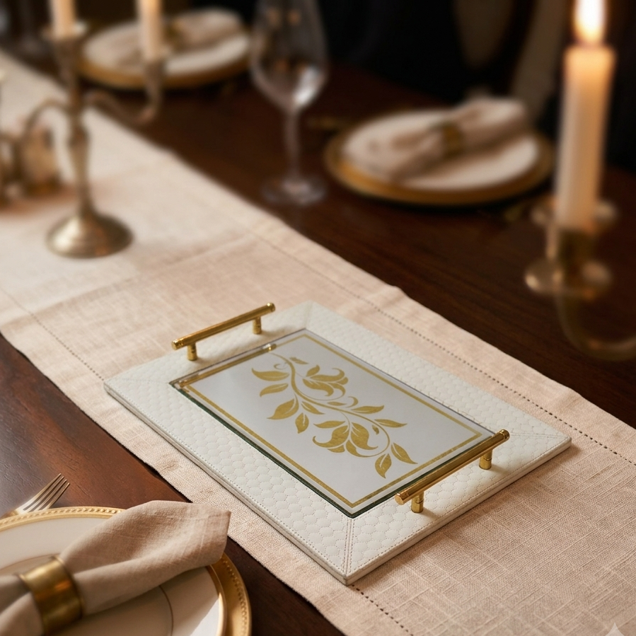White Quilted Leather Mirrored Serving Tray with Gold Handles – Rectangular Decorative Vanity Tray