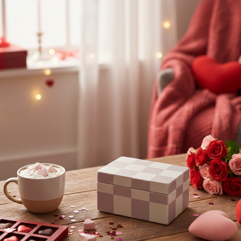  Valentine's Day scene with hot chocolate, chocolates, and flowers on a wooden table. 