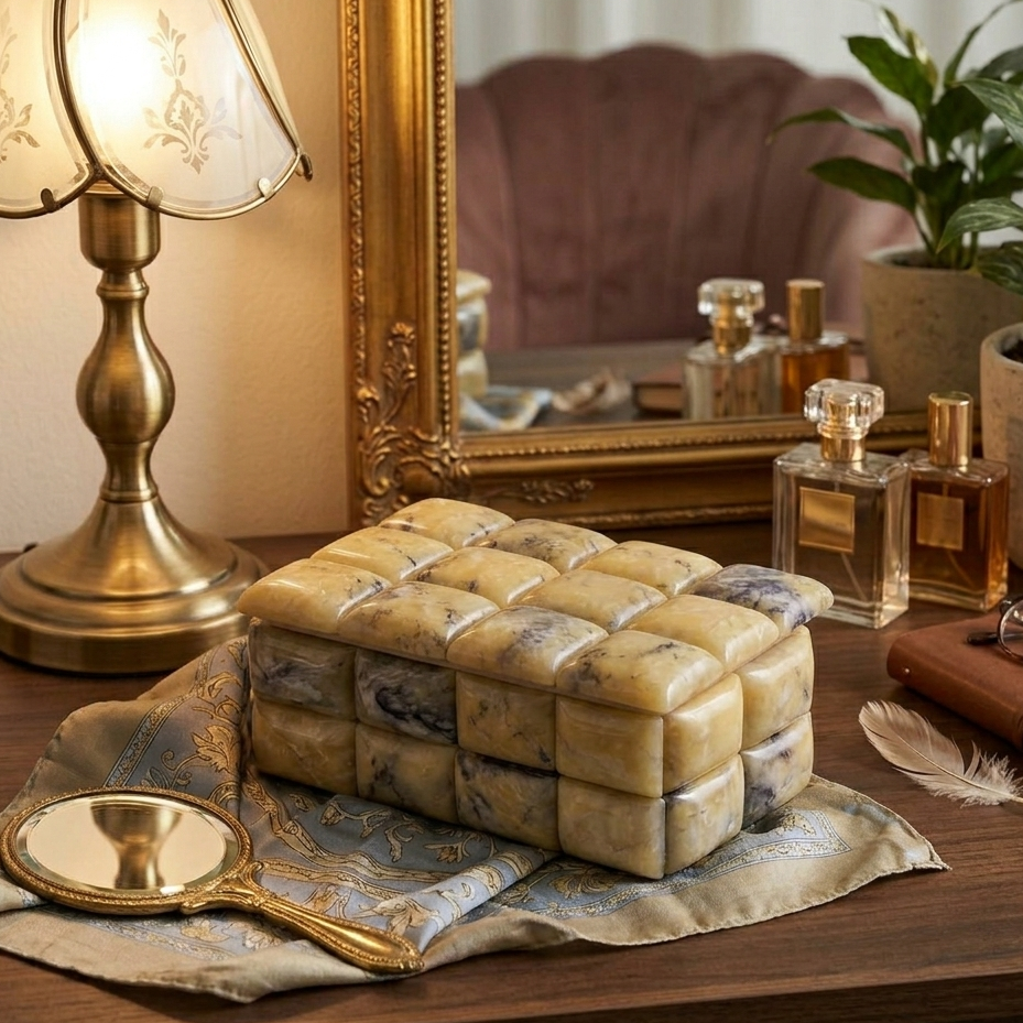  Decorative box on a table with a lamp, mirror, and plants in the background 