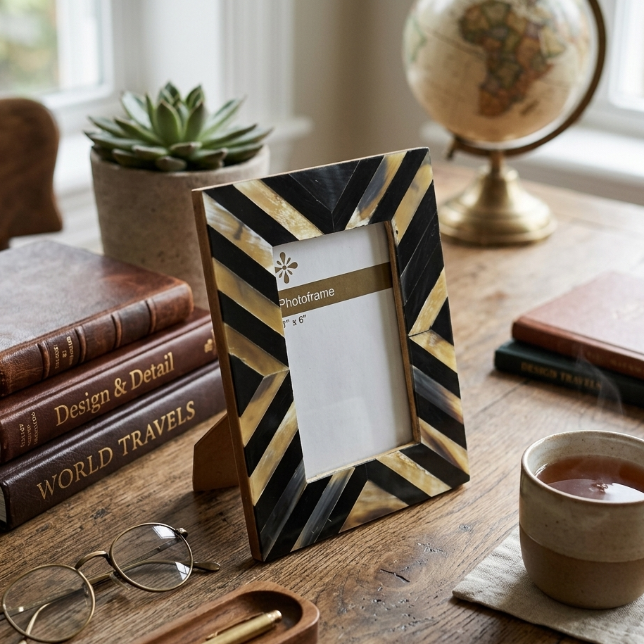  Decorative photo frame on a wooden table with books, glasses, and a cup of tea. 