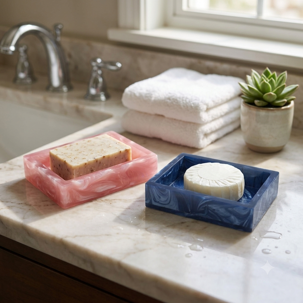  Marbleized Design Resin Soap Dishes – Blue & Pink (Set of Two) 