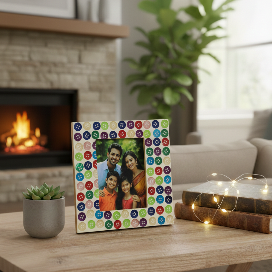 Whimsical Multicolored Button Inlay Wooden Photo Frame